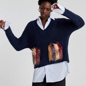 Zara Navy V-Neck Sweater with Colorful Faux Fur